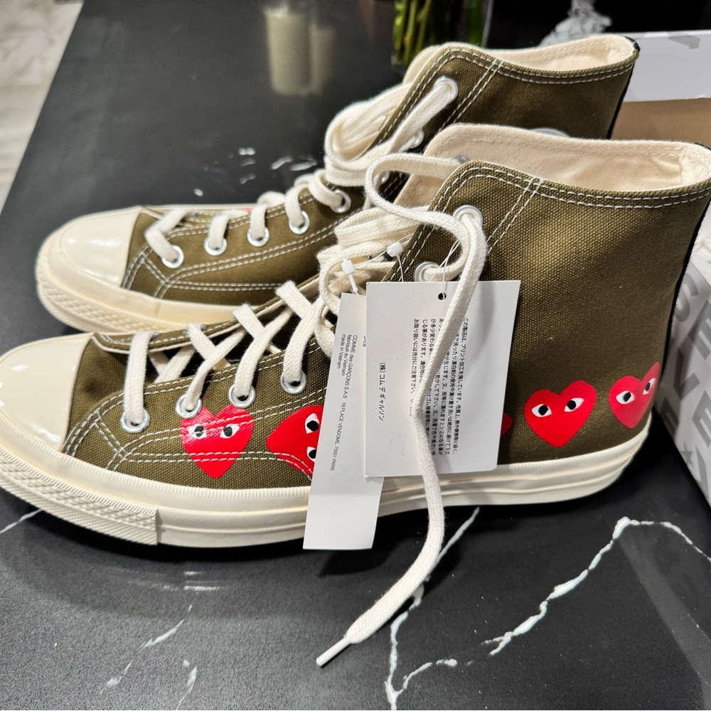 Men’s Comme des Garcons Converse High-Top Sneakers - Olive Green with Red Heart
